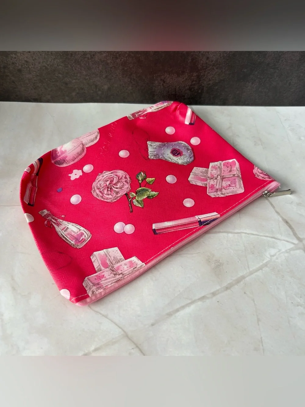 Pink Cosmetic Pouch with Floral & Beauty Print